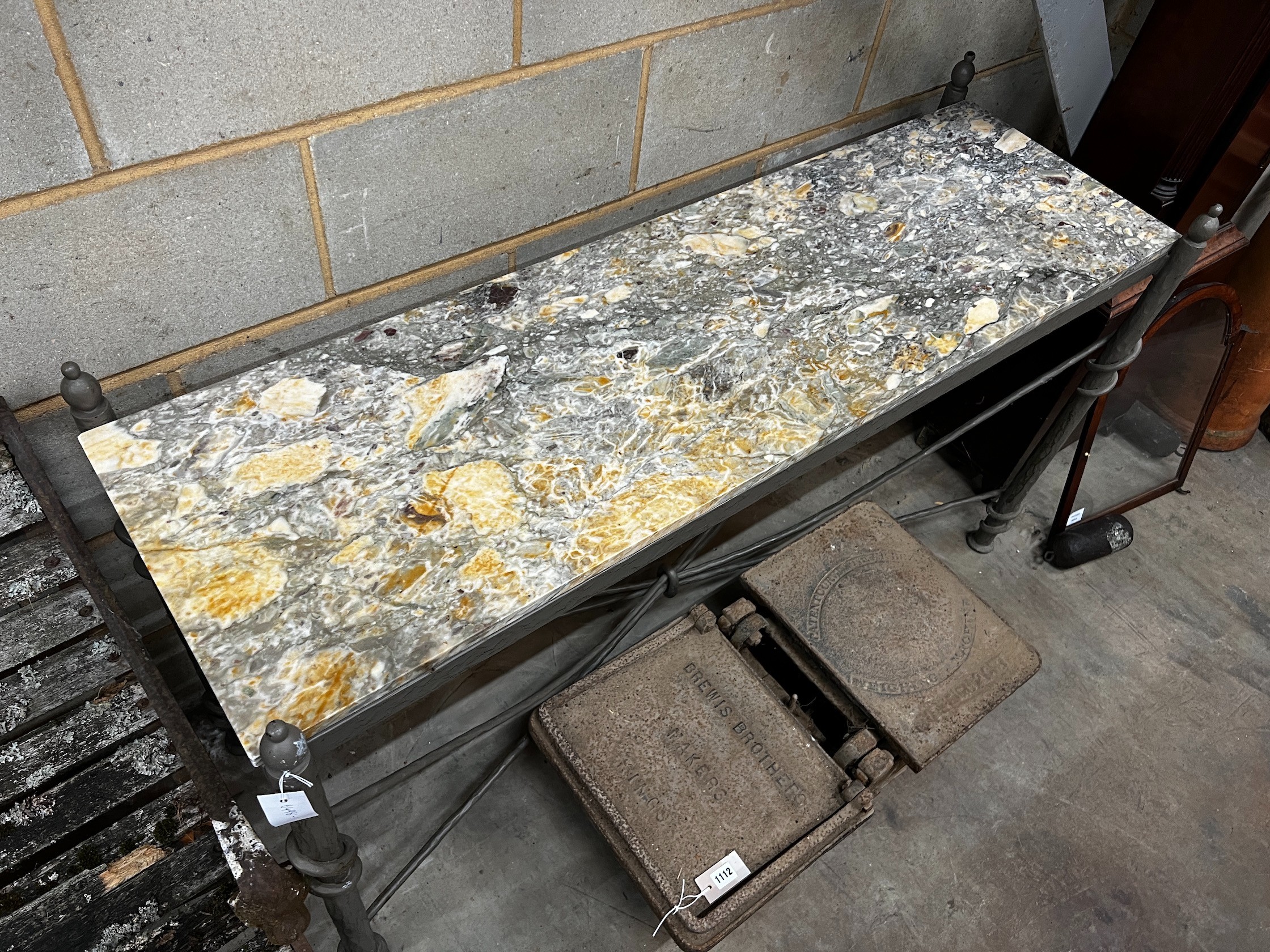 A contemporary wrought iron rectangular marble top console table, width 138cm depth 46cm height 81cm